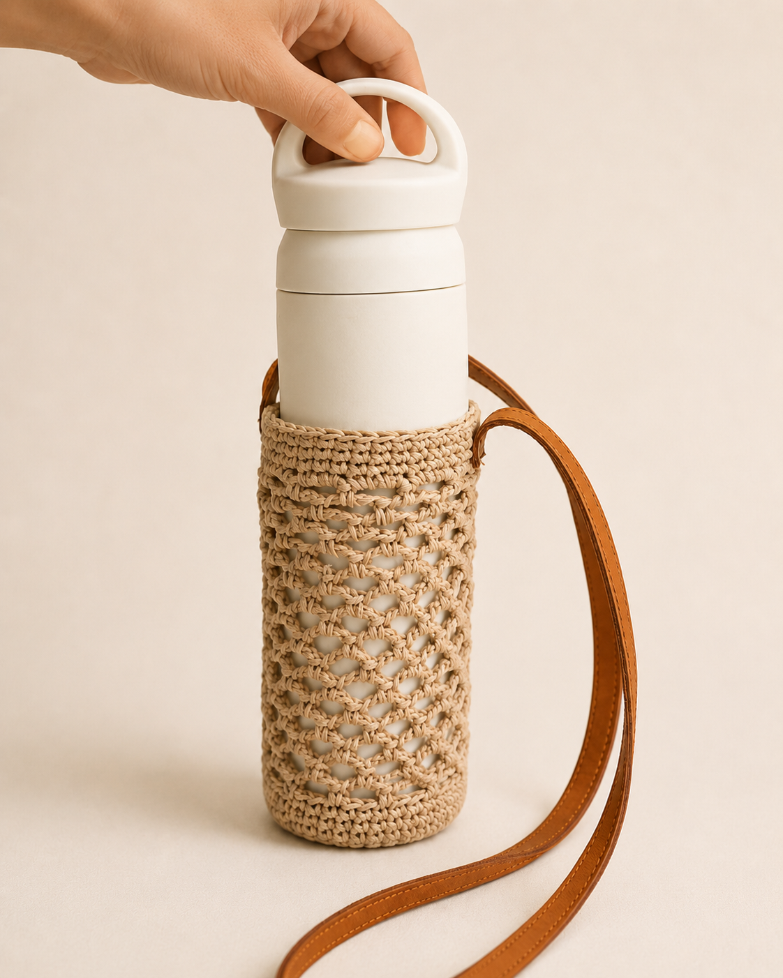Crochet Cotton and Leather Water Bottle Holder