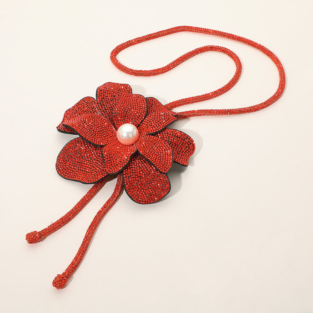 Pearl Centered Bling Studded Flower Pointed Bolo Tie Necklace