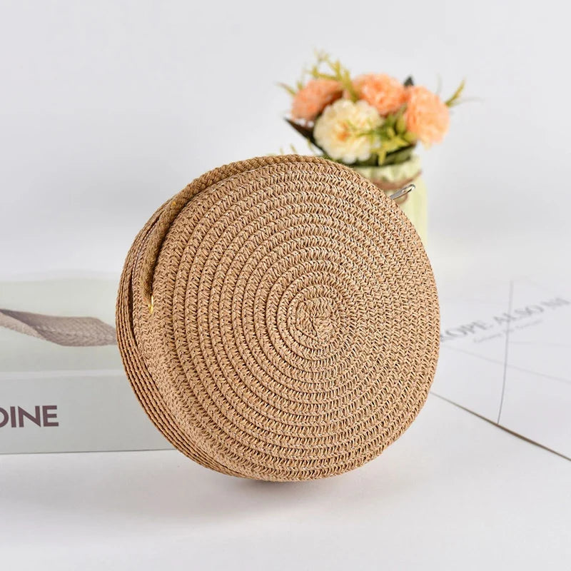 Summer Round Straw Bag For Women Woven Handmade Shoulder Bag New Travel Rattan Beach Bag Casual Style Crossbody Bag Handbag Purs
