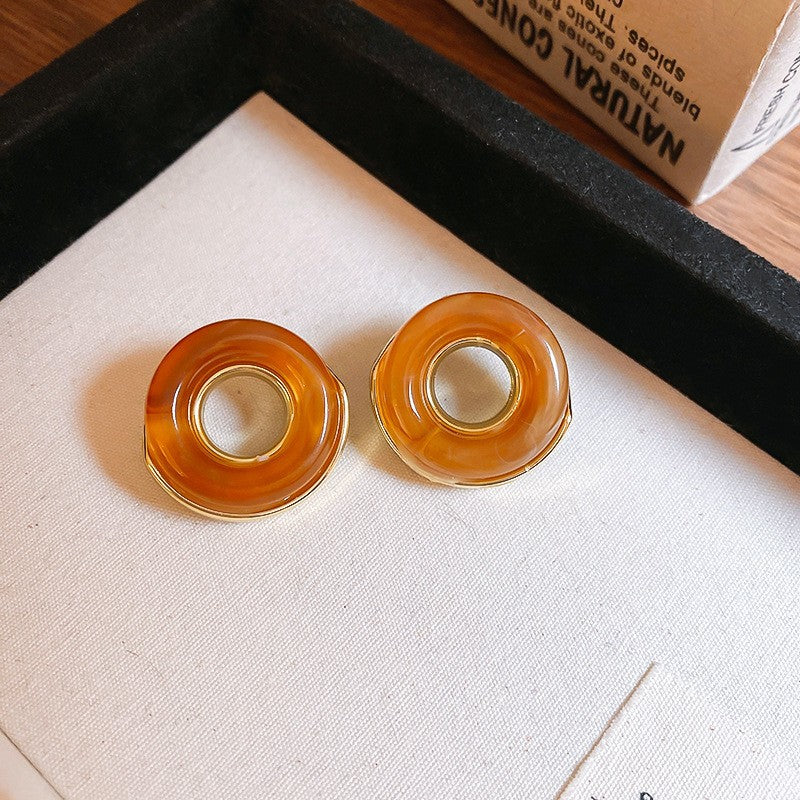 Vintage Amber Resin Gold Stud Earrings For Women, Irregular Square Resin & Gold Tone Button Earrings, 2026 Maillard Style Lightweight Fashion Jewelry