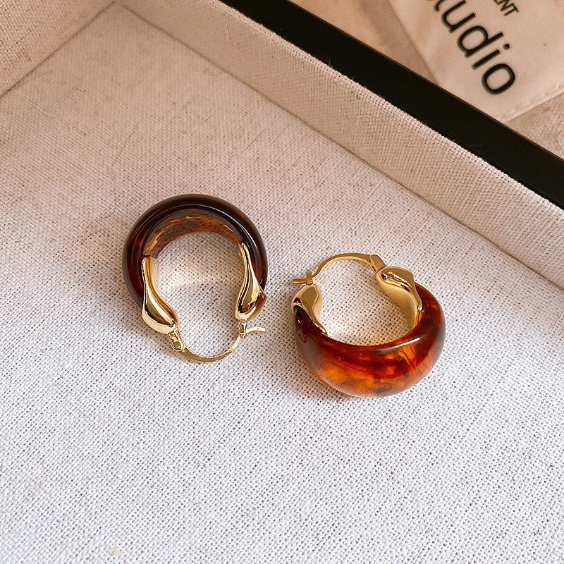 Vintage Amber Resin Gold Stud Earrings For Women, Irregular Square Resin & Gold Tone Button Earrings, 2026 Maillard Style Lightweight Fashion Jewelry