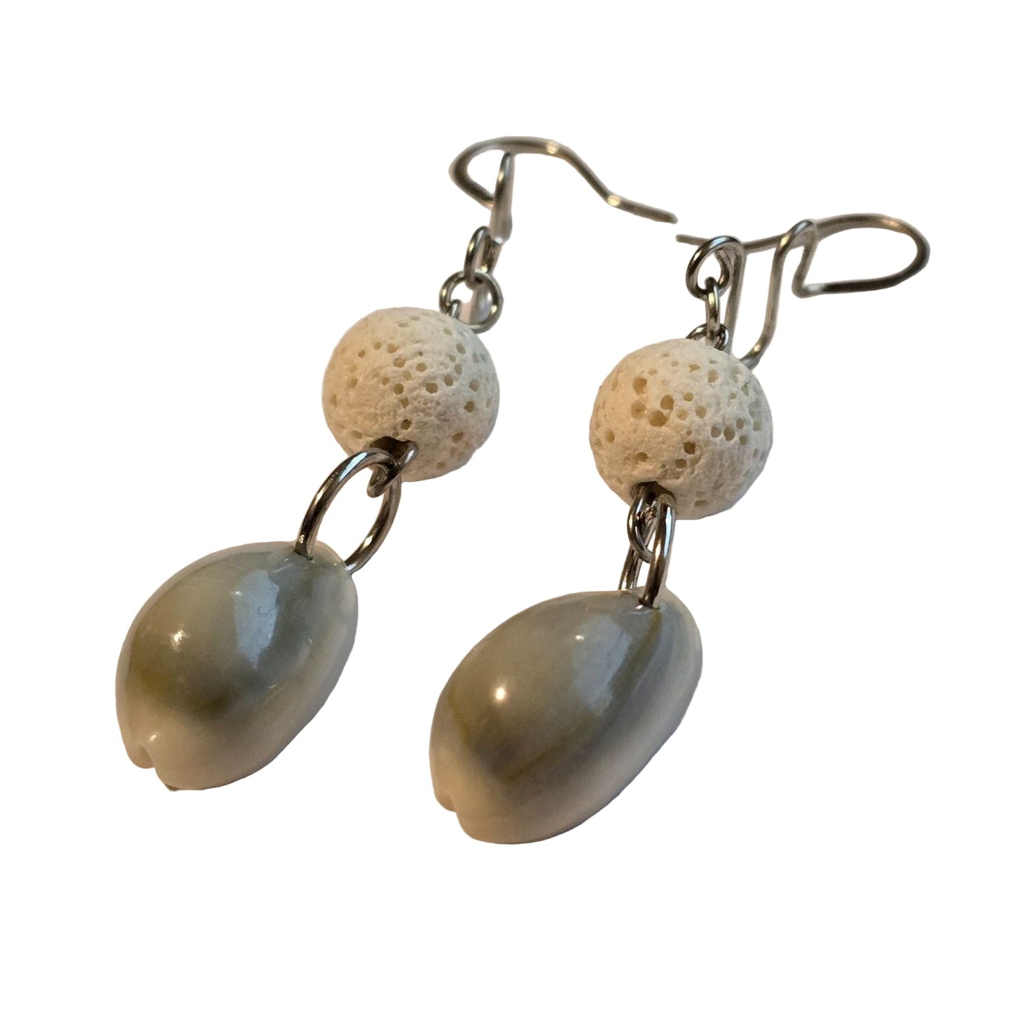 Handmade Puka Shell & White Lava Bead Earrings – Boho Coastal Dangle Jewelry